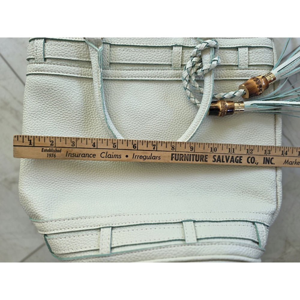 Pebbled Leather Tote Bag Mint Green Bamboo Tassel Crossbody Handbag - Picture 4 of 11